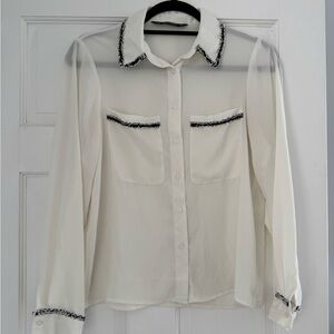 Zara White Button Down Shirt with Tweed Accents